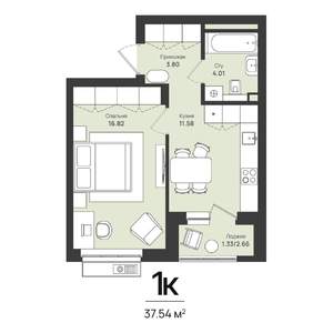 1-к квартира, строящийся дом, 38м2, 16/16 этаж