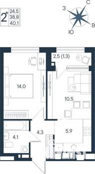2-к квартира, строящийся дом, 40м2, 9/15 этаж