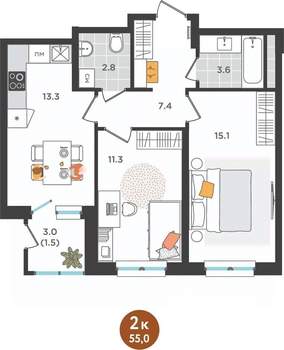 2-к квартира, вторичка, 55м2, 4/25 этаж