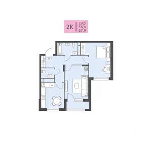 2-к квартира, вторичка, 58м2, 6/22 этаж