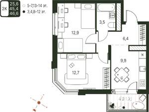 2-к квартира, строящийся дом, 47м2, 8/20 этаж