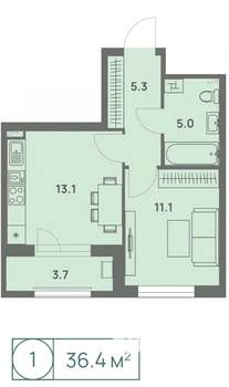 1-к квартира, вторичка, 36м2, 19/25 этаж