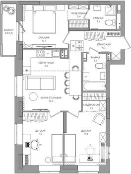 4-к квартира, вторичка, 74м2, 3/8 этаж