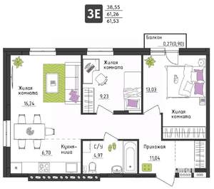 3-к квартира, вторичка, 62м2, 4/4 этаж