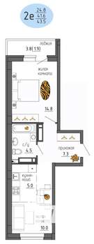 2-к квартира, строящийся дом, 44м2, 21/25 этаж