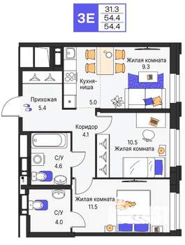 3-к квартира, вторичка, 54м2, 9/25 этаж