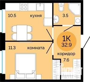 1-к квартира, вторичка, 33м2, 12/15 этаж