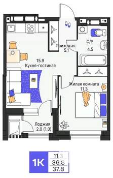 1-к квартира, вторичка, 38м2, 4/9 этаж