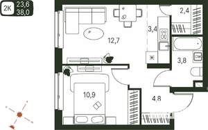 Студия квартира, вторичка, 38м2, 2/20 этаж