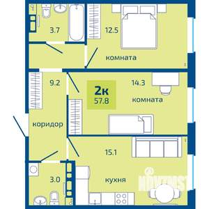 2-к квартира, строящийся дом, 58м2, 9/10 этаж