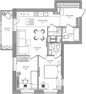 3-к квартира, вторичка, 61м2, 8/22 этаж