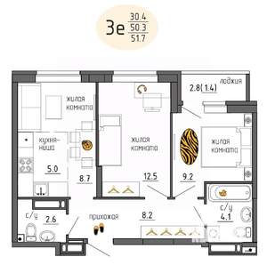 3-к квартира, строящийся дом, 52м2, 24/25 этаж