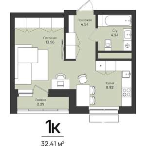 1-к квартира, строящийся дом, 32м2, 8/16 этаж
