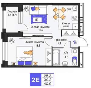 2-к квартира, строящийся дом, 41м2, 2/19 этаж