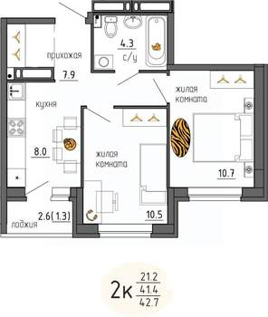 2-к квартира, строящийся дом, 43м2, 22/25 этаж