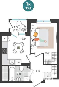 1-к квартира, строящийся дом, 33м2, 12/25 этаж