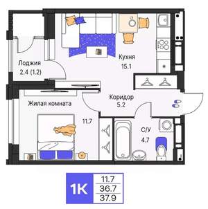 1-к квартира, строящийся дом, 38м2, 20/25 этаж