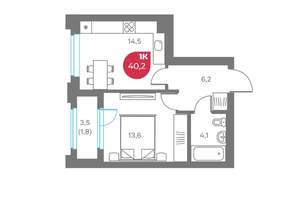 1-к квартира, вторичка, 40м2, 6/6 этаж