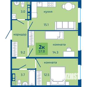 2-к квартира, строящийся дом, 58м2, 8/10 этаж