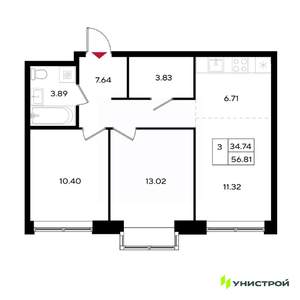 3-к квартира, вторичка, 57м2, 22/25 этаж