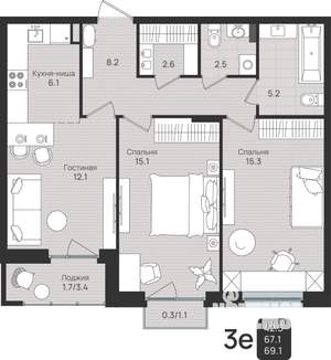 3-к квартира, вторичка, 69м2, 2/6 этаж