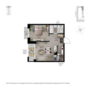 1-к квартира, строящийся дом, 44м2, 2/6 этаж