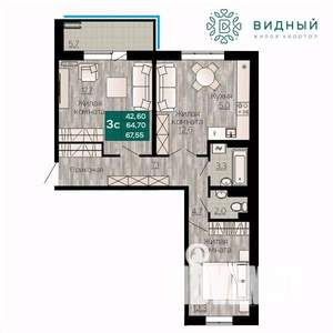 3-к квартира, вторичка, 68м2, 5/8 этаж