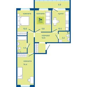 3-к квартира, строящийся дом, 73м2, 1/10 этаж