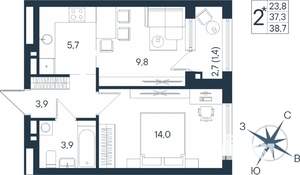 2-к квартира, строящийся дом, 39м2, 6/15 этаж