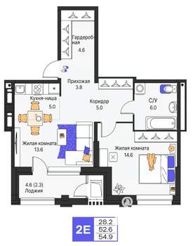 2-к квартира, строящийся дом, 55м2, 3/19 этаж