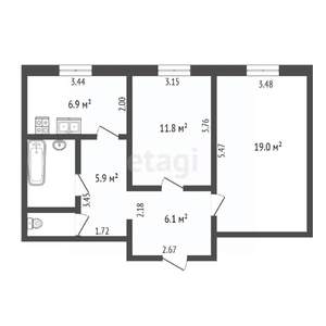 2-к квартира, вторичка, 55м2, 2/3 этаж