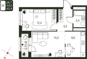 Студия квартира, строящийся дом, 45м2, 10/20 этаж