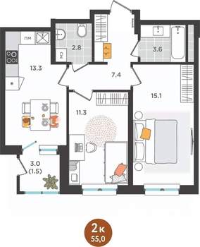 2-к квартира, вторичка, 55м2, 3/25 этаж