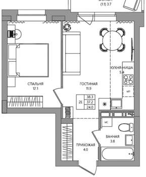 2-к квартира, вторичка, 38м2, 7/9 этаж