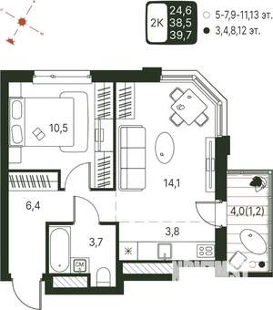 Студия квартира, строящийся дом, 40м2, 6/20 этаж