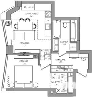 2-к квартира, строящийся дом, 45м2, 24/28 этаж