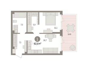 1-к квартира, вторичка, 63м2, 1/9 этаж