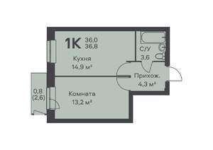 1-к квартира, строящийся дом, 37м2, 1/6 этаж