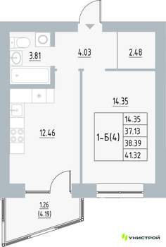 1-к квартира, вторичка, 38м2, 2/5 этаж