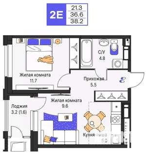 2-к квартира, строящийся дом, 38м2, 8/25 этаж