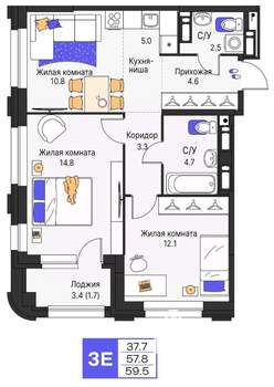 3-к квартира, строящийся дом, 60м2, 6/19 этаж