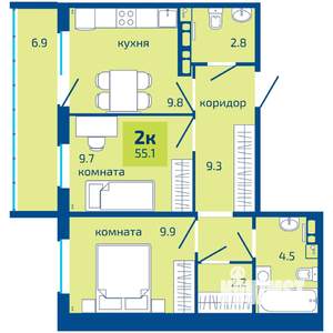 2-к квартира, строящийся дом, 55м2, 6/10 этаж