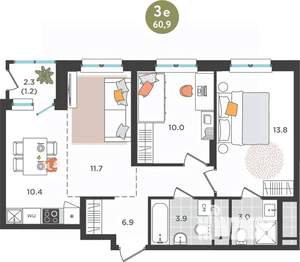 3-к квартира, строящийся дом, 61м2, 22/25 этаж