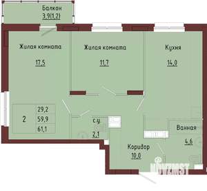 2-к квартира, строящийся дом, 64м2, 7/9 этаж