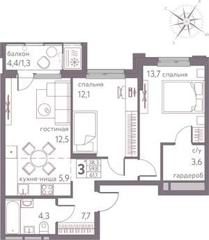 3-к квартира, строящийся дом, 61м2, 9/20 этаж