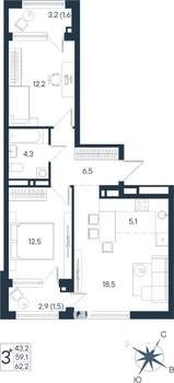 3-к квартира, строящийся дом, 62м2, 12/15 этаж