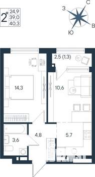 2-к квартира, строящийся дом, 40м2, 12/15 этаж