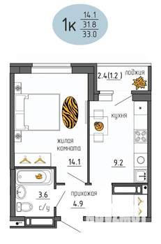 1-к квартира, строящийся дом, 33м2, 25/25 этаж