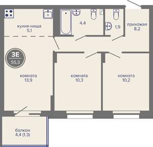 3-к квартира, вторичка, 55м2, 6/26 этаж