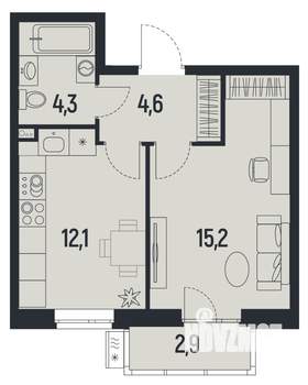 1-к квартира, вторичка, 37м2, 1/12 этаж